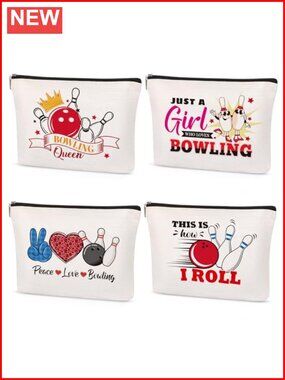 4 Pcs Bowling Makeup Bags Waterproof Linen Cosmetic Zip Pouches